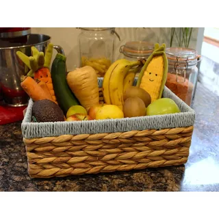 Kleine Rechteckige Wasserhyazinthe Körbe - Aufbewahrungskörbe aus natürlichem und grauem Schilfrohr - Offene Regaldekoration - Geschenkbox für Badezimmer-Make-up - Küchenorganizer mit 2 Körben von 32cm