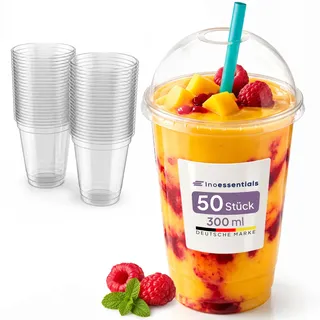 Inoverse Smoothie Becher 300 ml, 50 Stück, Slush Becher, mit Domdeckel | Transparentes R-PET, Dessertbecher, Eiskaffee Becher, Trinkhalmöffnung, für Obstsalat, Joghurt und Veranstaltungen