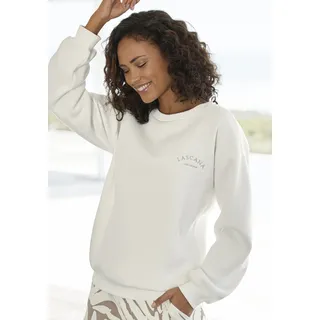 Sweatshirt LASCANA, Damen, Gr. 36/38, beige (creme), Sweatware, Obermaterial: 60% Baumwolle, 40% Polyester, bestickt, unifarben, bequem hüftlang, Rundhals, Rippbündchen, Sweatshirts Sweatshirt, mit weiten Ärmeln, Loungewear