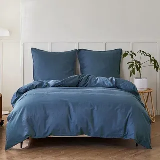 Famanu Bettwäsche Set 155 x 220 cm - Atmungsaktive Baumwolle und Leinen, marineblau