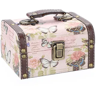 OLegei Schatzkiste Aufbewahrungsbox aus Holz + PU-Leder Schmuckbox Vintage Geschenk zur Aufbewahrung von Schmuck, 15 x 11 x 8,5 cm (Schmetterlingsmuster)