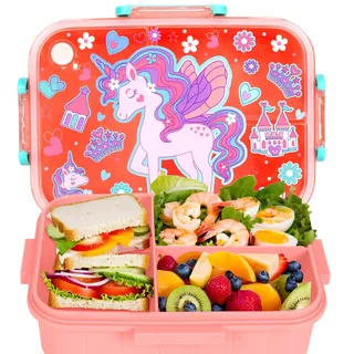 PinkSheep Bento Lunch Boxen für Kinder, 1200ml BPA-freie leckagesichere Kinder Lebensmittelbehälter mit 3 Fächern zurück zu Schulschülern Junge Mädchen (Einhorn)