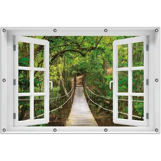 Wallario Outdoor-Poster für Garten oder Balkon 100 x 150 cm: Hängebrücke im Urwald grüner Dschungel - Schwarz