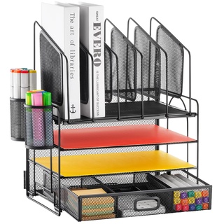 Marbrasse Schreibtisch Organizer,4Tire Papier Briefablage Organizer mit Schublade,2 Stifthalter,Mesh Schreibtisch Organizer,Aufbewahrung für Zuhause Bürobedarf(Schwarz und Vertikaler Ständer)