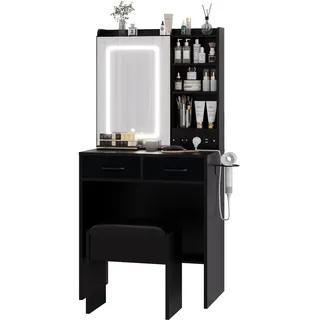 GarveeLife Schminktisch mit LED-Spiegel und Hocker, Licht 3 Modi verstellbar, Schminktisch mit 4 Regalen und 2 Schubladen, Schlafzimmermöbel