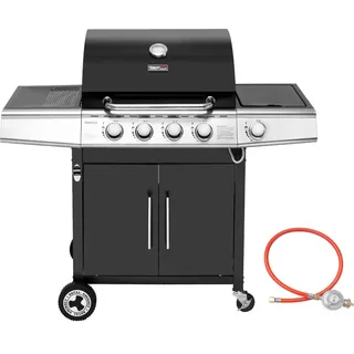 Royal Gourmet 4+1 Brenner Gasgrill Grillwagen mit automatischer Zündung,integriertem Thermometer und Unterschrank Edelstahl Brenner mit 14,5 kW Camping Gasgrill für Outdoor Barbecue Schwarz