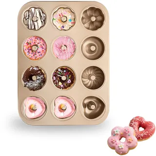 JSJMOFA Donuts Backform mit 12 Mulden, Donutform mit Antihaftbeschichtung, Hochwertige Donut Backform für Donut, Kuchen, Bagels, Dessert, 4 Formen (Rund/Blumig/Spiralförmig/Herzförmig)
