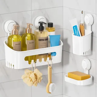 TAILI Duschablage mit Saugnapf, Seifenhalter und Zahnbürstenhalter, kein Bohren, abnehmbares Badezimmer-Organizer-Set, leistungsstark, strapazierfähig, wasserdicht, Caddy Organizer für Bad und Küche,