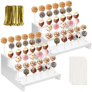 KHayRovies 2 Stück Cake Pop Ständer, Verkaufsständer Lollipop-Halter mit Twist Ties Lollipop Sticks, Holz 3-stufig 33 Löcher Lutscher Ständer Desserttisch, Hochzeit, Geburtstagsparty - weiß (B)