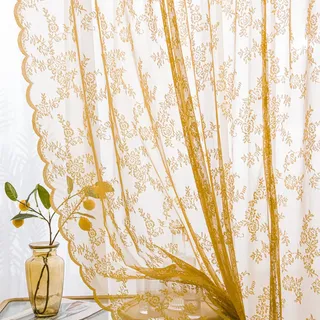 Sutuo Home Goldfarbene Spitzenvorhänge, durchscheinende Paneele, 183 cm Länge, Blumenstickerei, Vintage-Voile-Vorhänge, Fensterdekoration, Paar für Schlafzimmer, Wohnzimmer, Küche, Shabby-Chic-Dekor
