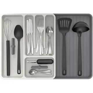 MR.SIGA erweiterbarer Besteckkasten für Schubladen, Utensilienhalter Küche, verstellbarer Besteck Organizer Für Besteck Küchenhelfer und Kochzubehör, Weiß & Grau