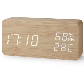 Virklyee Wecker aus Holz digital Würfel Uhr Digitaler Wecker mit LED Temperaturanzeige,12/24HR,3 Stufen einstellbar Helligkeit, mit USB-Ladeanschluss (Rechteck Holzfarbe)