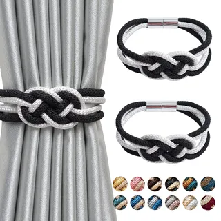 Pretty Jolly 2 Stück Starke Magnetische Raffhalter für Vorhänge, Dekorative Vorhang-Raffhalter, Handgewebtes Seil, Knoten-Vorhanghalter für Zuhause und Büro, Fenstervorhänge (Schwarz & Weiß)