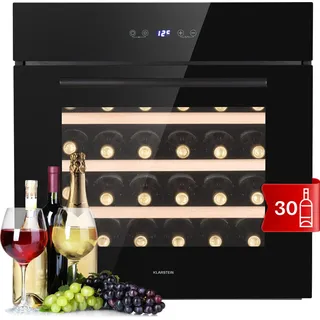 Klarstein Weinkühlschrank, 1 Zonen Getränkekühlschrank Klein, Kleiner Weinschrank, Wein-Kühlschrank Klein mit Glastür, Indoor/Outdoor Flaschenkühlschrank, Einbau Wine Fridge 5-18°C, 30 Flaschen - Schwarz