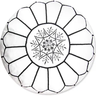 Marokkanischer Echtleder Pouf - Weiß und Schwarz - Handgefertigt - gefüllt geliefert - Ottoman Sitzsack Fußhocker - Weiß, Schwarz