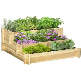 Hochbeet, 3-Stufige Blumenkasten, Pflanzenbeet Mit Stoffauskleidung, Kräuterbeet, Blumentreppe Für Balkon, Garten, Holz, Natur, 93 X 93 X 35 Cm