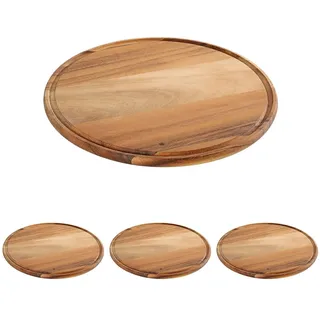 Zassenhaus Pizzateller 33cm Ø | Akazienholz Teller | Nachhaltig angebaut | Holztablett rund mit Saftrille | Pizza Brett zum Servieren von Pizza oder Flammkuchen | Schneidebrett Holz (Packung mit 4)