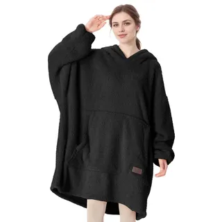 Catalonia Classy Oversize Hoodie Decke mit Ärmeln, Warm Kuscheldecke Geschenk für Frauen Herren, Übergröße Sherpa Kuschelpullover mit Kapuze Flauschig Decke zum Anziehen, Schwarz