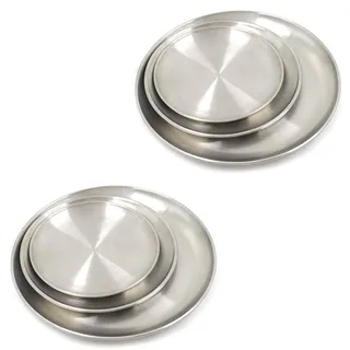 Bhina 6 Stück Silber Edelstahl Rundes Geschirr Unterteller Edelstahlteller Camping Teller Edelstahl 3 Größen von Stainless Steel Rostfreier Stahl Teller Set für Camping, Küche, Party (14/17/20cm)