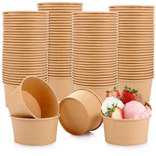 WOPPLXY 100 Stück Eisbecher Pappe, 450 ml Suppenbecher to Go, Speisebecher Pappe aus Kraftpapier für Eisbecher, Dessert, Gefrorenen Joghurt, Suppe, Salat (Braun)