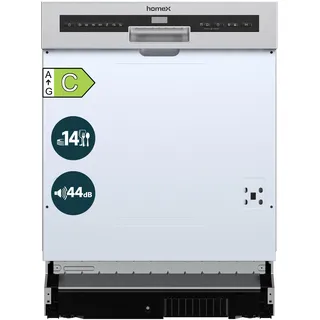homeX Geschirrspüler 60 cm, Spülmaschine teilintegrierbar - 14 Maßgedecke, 7 Programme, AquaStop, Besteckschublade, 44 dB, Startvorwahl, Automatische Türöffnung, Einbaugeschirrspüler teilintegriert