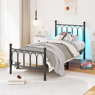 Flieks Jugendbett Metallbett 90x200cm mit Led, Einzelbett Kinderbett mit USB und Steckdose, Klassisches Bett mit Lattenrost, Schwarz - Schwarz