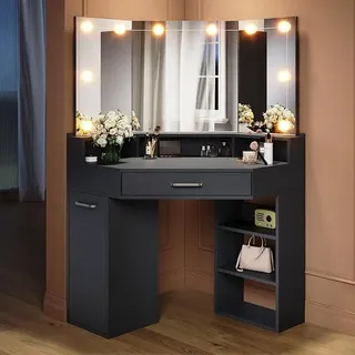 Eck Schminktisch mit LED-Beleuchtung 3 Klappspiegel mehreren Schubladen | B110xT54xH141.5cm 3 Litchmodi einstellbare Helligkeit mit Schubladen und Offenes Ablagefach Schwarz - Schwarz