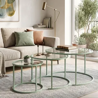 Skye Decor, Hochwertiges Nesting-Tischset (3 Teile) Mint, 100% Glas & Metall - Grün
