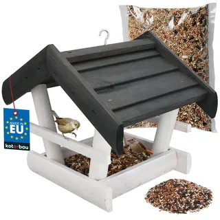 KOTARBAU® Vogelhaus zum Aufhängen - 24 x 30,5 x 25,5 cm - Vogelfutterhaus aus Holz - Natürlich - Vogelhäuschen + Vogelfutter 0,5 kg - Grau - Holzdeko für Garten - mit anthrazitfarbenem Dach