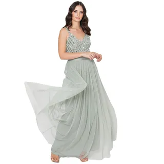 Maya Deluxe Damen Maxi Abendkleid Elegant Für Hochzeit Mit V-ausschnitt Tüllkleid Schleife Brautjungfernkleid, Green Lily, 46 EU