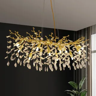 Moderne Kristall Esszimmerlampe HäNgend,Luxury Gold Kronleuchte Aus K9 Kristall Aluminium Baumzweigen,Lang 10-Light Kronleuchter FüR Wohnzimmer,Schlafzimmer,Hohe Decke L100Cm