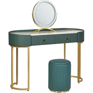 BELIANI Schminktisch Dunkelgrün und Gold MDF-Platte Marmor Optik mit Metallbeinen Rundem LED-Spiegel 2 Schubladen Hocker Glamour Schlafzimmer - Grün, Gold