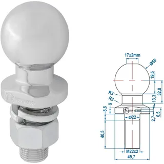 ProPlus 341211V01 Anhängerkupplung Ø50mm gerade Gewinde M22 x 50mm max. 2,0t D-Wert 9,81kN silber