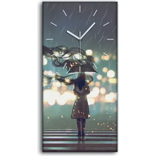 Leinwand Wanduhr Wandkunst Uhr 30x60 Foto mysteriöse Frau mit Regenschirm - weiße Hände - Weiß