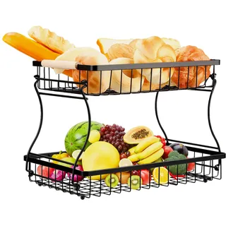 VINATO Obstkorb, Obst Etagere 2 Stöckig mit Holzgriffen für Küche, Bad & Mehr – Obstständer, Gemüse & Küchenorganisation,Organizer Snack, Schwarz