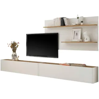 Furn.Design Wohnwand 3-teilig Center in weiß und Eiche Wotan 300 cm , Weiß, Eiche Wotan , Holzwerkstoff, Metall , Nachbildung,Eiche , Uni, Holz Optik , 300x180x30 cm , Wohnzimmer, Wohnwände