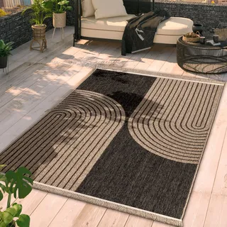TT Home In-& Outdoor Teppich Wohnzimmer Wetterfest Balkon Boho Blattmotiv 3D Fransen Größe 240x340 cm - Grau