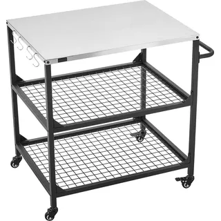 Outdoor Grill Cart, 800 x 610mm Stainless Steel Tabletop Size Grilling Table, Outdoor Cooking Table with 4 Wheels & Side Handle, Two Mesh Shelves, BBQ Prep Tables for Patio, Garden