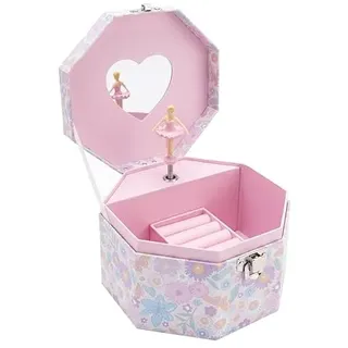 BUOYLA Musikschatulle für Mädchen mit Ballerina, Achteckiges Schmuckkästchen aus Hartkarton mit Herzspiegel & Ringhalter, Blumenmuster Spieluhr, Geschenk für Kinder