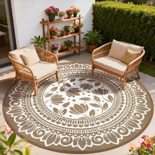 Geanup Outdoor Teppich Rund Schwarz 180 cm, Boho Wetterfest Wendbarer Outdoorteppich, Kunststoff Terrassenteppich, UV-beständige Balkon Teppich für RV Camping Deck Patio Strand Garten Picknick Braun