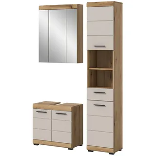 Inn.Furn Badmöbel Set 3-teilig in Sand Kashmir und Evoke Eiche Badkombination 112 x 191 cm Shawn , Kaschmir, Eichefarben , Kunststoff , Nachbildung,Eiche , Uni , 10 Fächer , 112x191x34 cm , FSC Mix , Badezimmer, Badmöbelsets & Badmöbelserien, Badmöbel-Sets