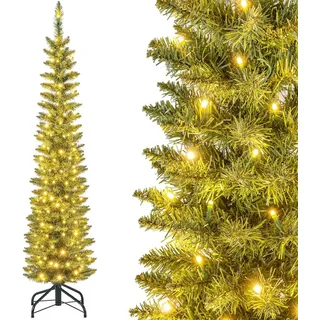 COSTWAY 150cm künstlicher Weihnachtsbaum Bleistift, Tannenbaum mit Beleuchtung, LEDs in Warmweiß, schlanker Christbaum für Weihnachten, Kunstbaum mit Metallständer, Grün - Grün