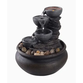 Teamson Home Tisch-Wasserspiel für den Innenbereich, 4-stufig, klein, Mini-Wasserbrunnen-Dekoration, modernes Wasserfall-Ornament mit Lichtern und Pumpe, grau