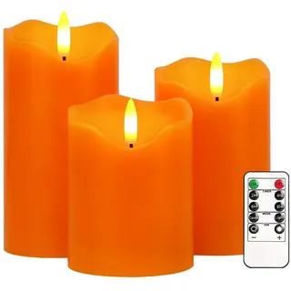 Justup LED-Kerzen, Set von 3 Flackernde Kerzen mit Fernbedienung und Timer, dimmbare LED Säulen Kerzenlicht batteriebetrieben, elektrische Kerzen für Herbst Halloween Thanksgiving Dekor (Orange)