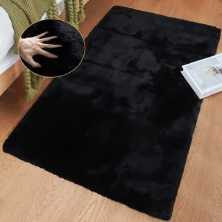 ORINOVA Teppich Schwarz Flauschig Schlafzimmer Wohnzimmer Fellteppich 60x90 cm Kunstfell Teppich Weich Klein Waschbar Black Carpet Rug Rechteckig