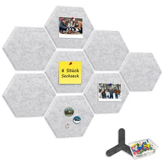 CUHIOY 8 Stück sechseckige Pinnwand Kinderzimmer, 12mm Dicke Filz-Pinnwand selbstklebend mit 80 Pins, Moderne dekorative Filzwand für Fotos und Anstecker Pin in Zuhause, Büro,weiß grau, 190x220mm