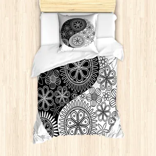 ABAKUHAUS Ying Yang Mantele, Yoga Art Harmony, Milbensicher Allergiker geeignet mit Kissenbezügen, 135 cm x 200 cm - 80 x 80 cm, Schwarz und weiß - Schwarz