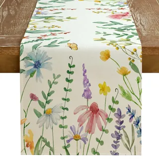 GEEORY Frühlings-Tischläufer, 33 x 183 cm, Aquarell, Wildblume, Bauernhaus, rustikale Urlaub, Küche, Esstisch, Dekoration für drinnen und draußen, Dinner-Party-Dekor
