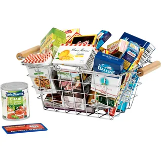 Theo Klein 7202 Metall-Einkaufskorb gefüllt mit französischen Produkten I Mit Schachteln und Dosen für den Kaufladen I Spielzeug für Kinder ab 3 Jahren