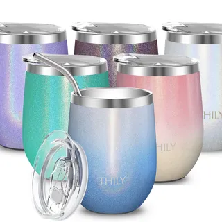 THILY Edelstahl-Weinglas, isoliert, ohne Stiel, Reise-Kaffeebecher mit Schiebedeckel und wiederverwendbarem Strohhalm, hält kalt und heiß für Kaffee, Cocktails, Getränke, glitzernder blauer Himmel